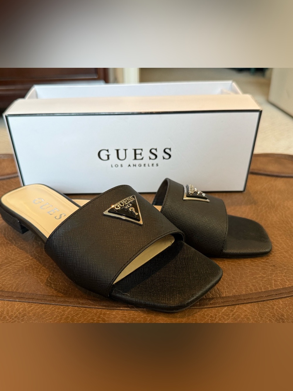 GUESS Black Slide Mules with Triangle Logo Accent
